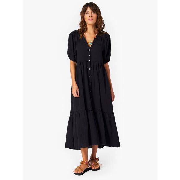 Xirena Dress Lennox Black Gauze Button Front Short Sleeve Tiered Midi Dress Sz M - Picture 6 of 9